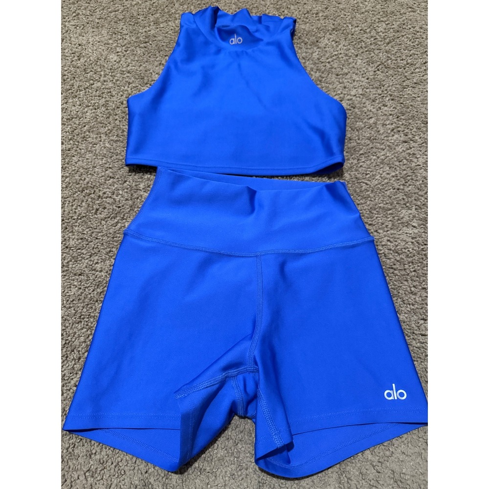 Alo Yoga Electric Blue 2 Piece Set High Neck Crop Top Biker Shorts Womens XS